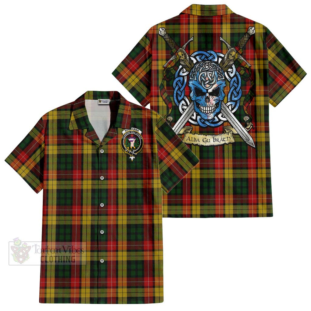 Tartan Vibes Clothing Buchanan Tartan Short Sleeve Button Shirt with Family Crest Celtic Skull Style