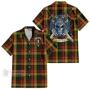 Buchanan Tartan Short Sleeve Button Shirt with Family Crest Celtic Skull Style