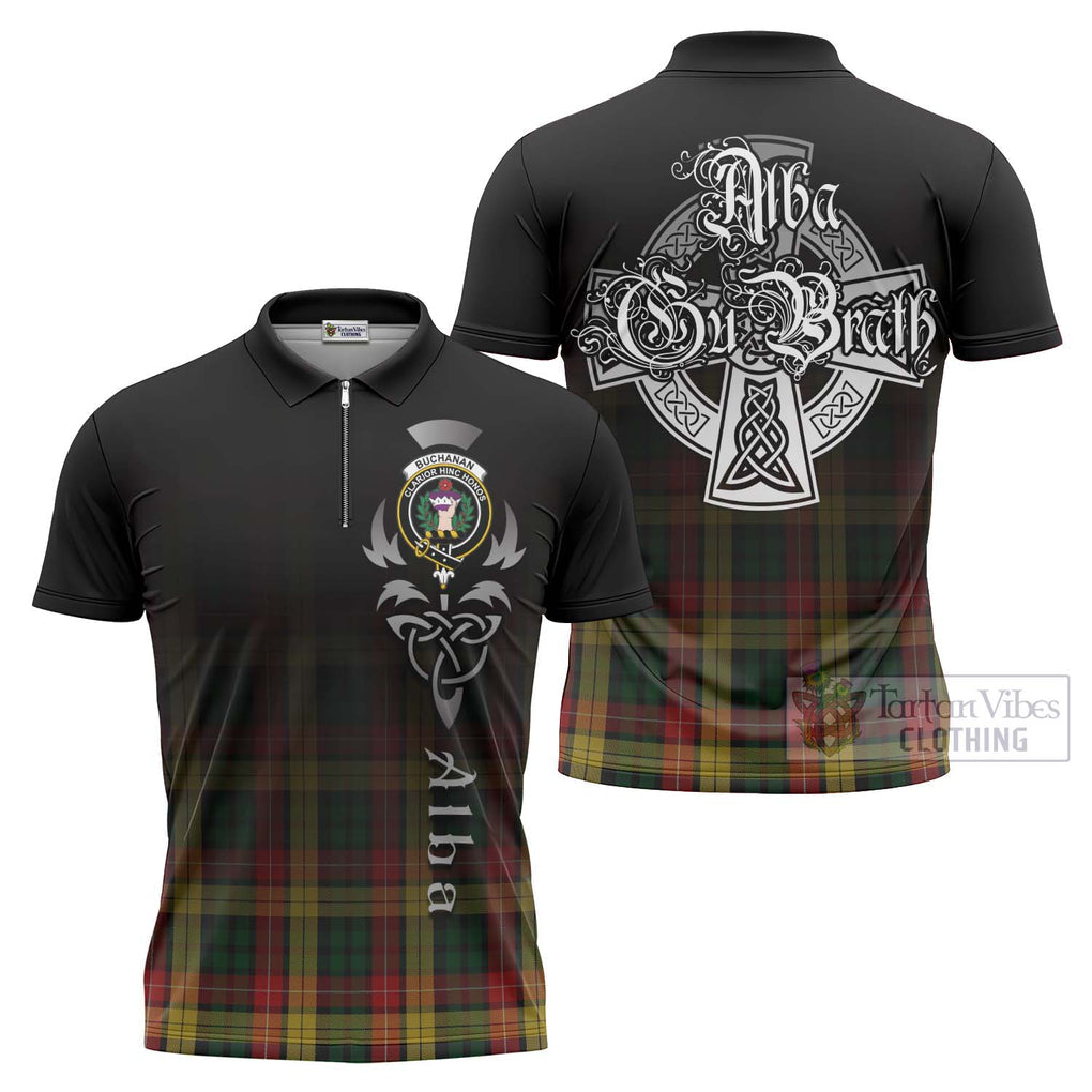 Tartan Vibes Clothing Buchanan Tartan Zipper Polo Shirt Featuring Alba Gu Brath Family Crest Celtic Inspired