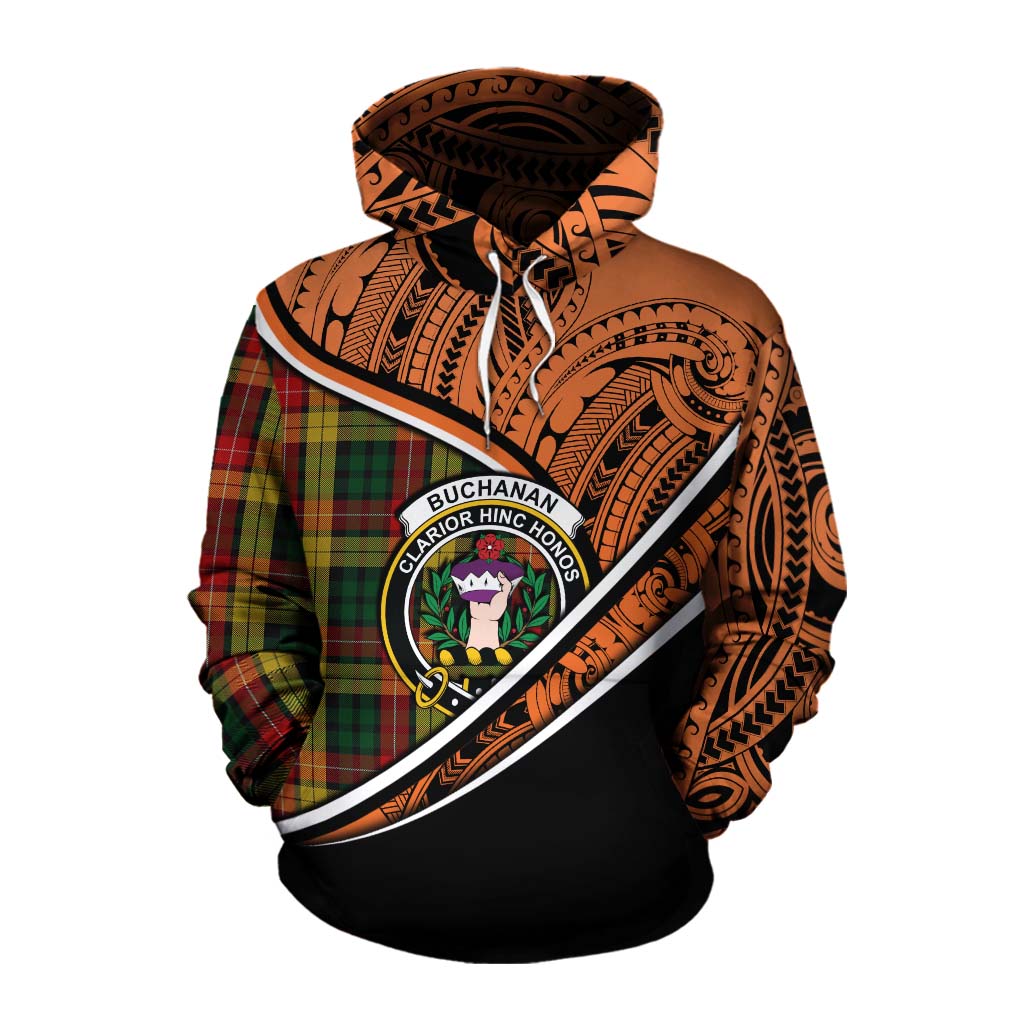 Tartan Vibes Clothing Buchanan Crest Tartan Cotton Hoodie with Maori Tattoo Style - Orange Version