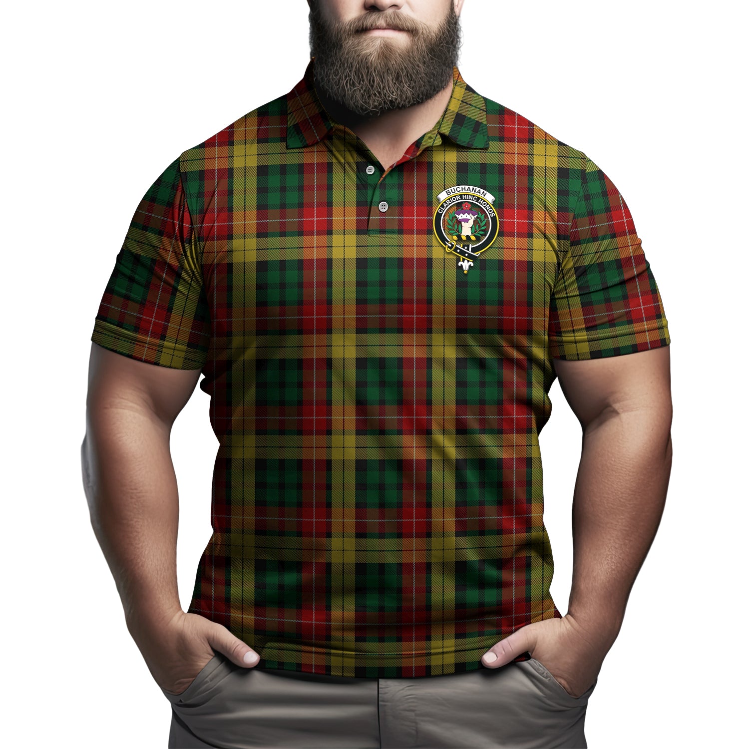 Buchanan Tartan Men's Polo Shirt with Family Crest