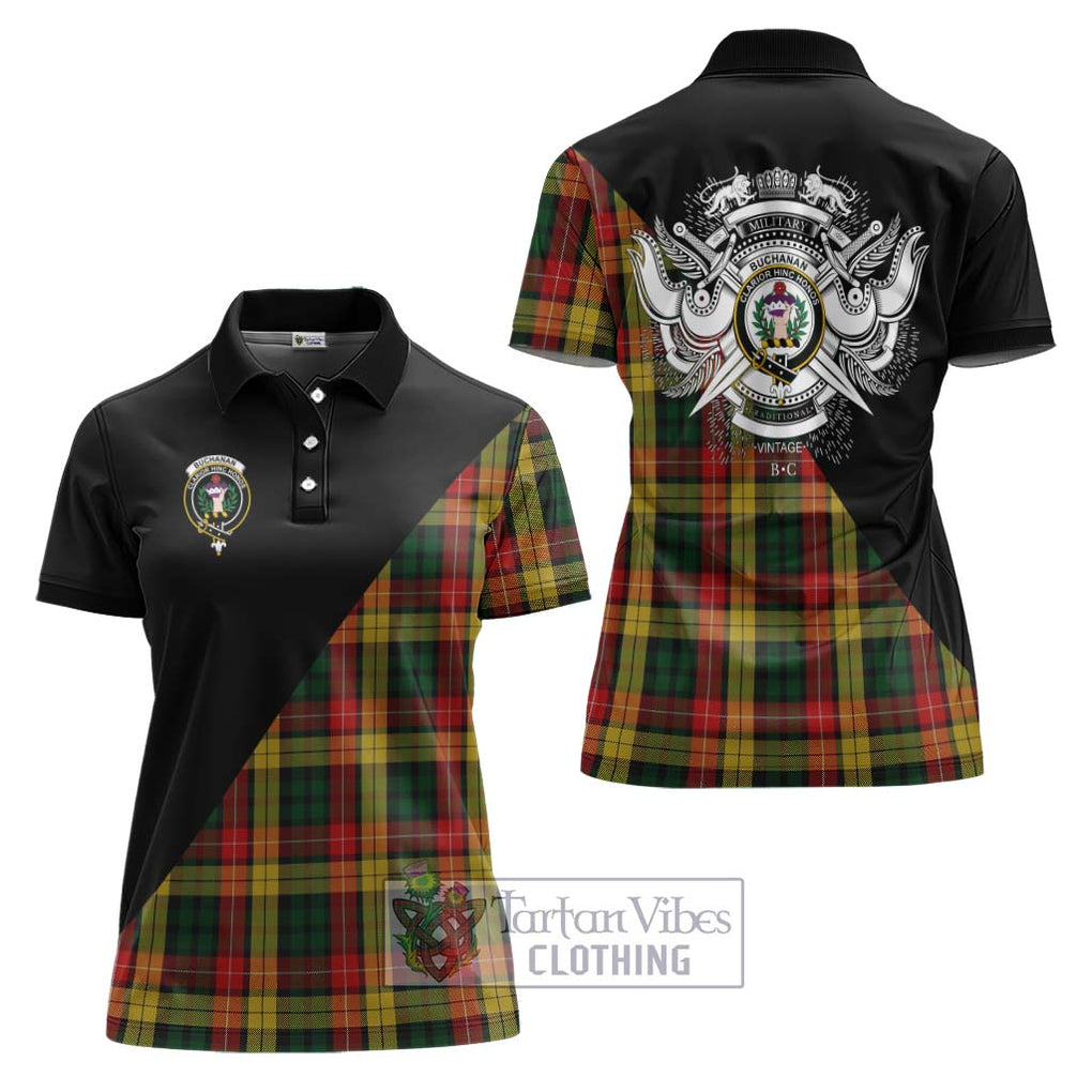 Buchanan Tartan Women's Polo Shirt with Family Crest and Military Logo Style Women - Tartanvibesclothing Shop