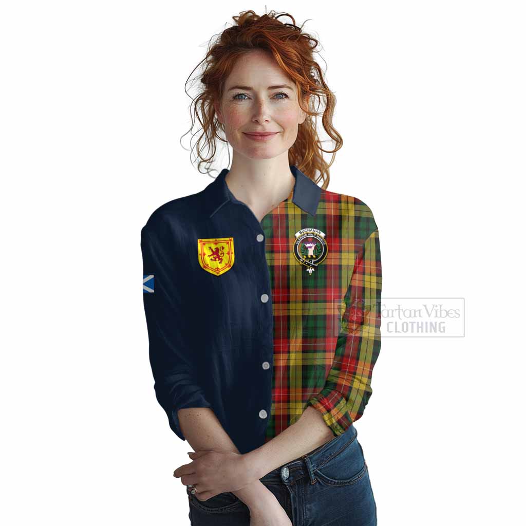 Tartan Vibes Clothing Buchanan Tartan Women's Casual Shirt Alba with Scottish Lion Royal Arm Half Style