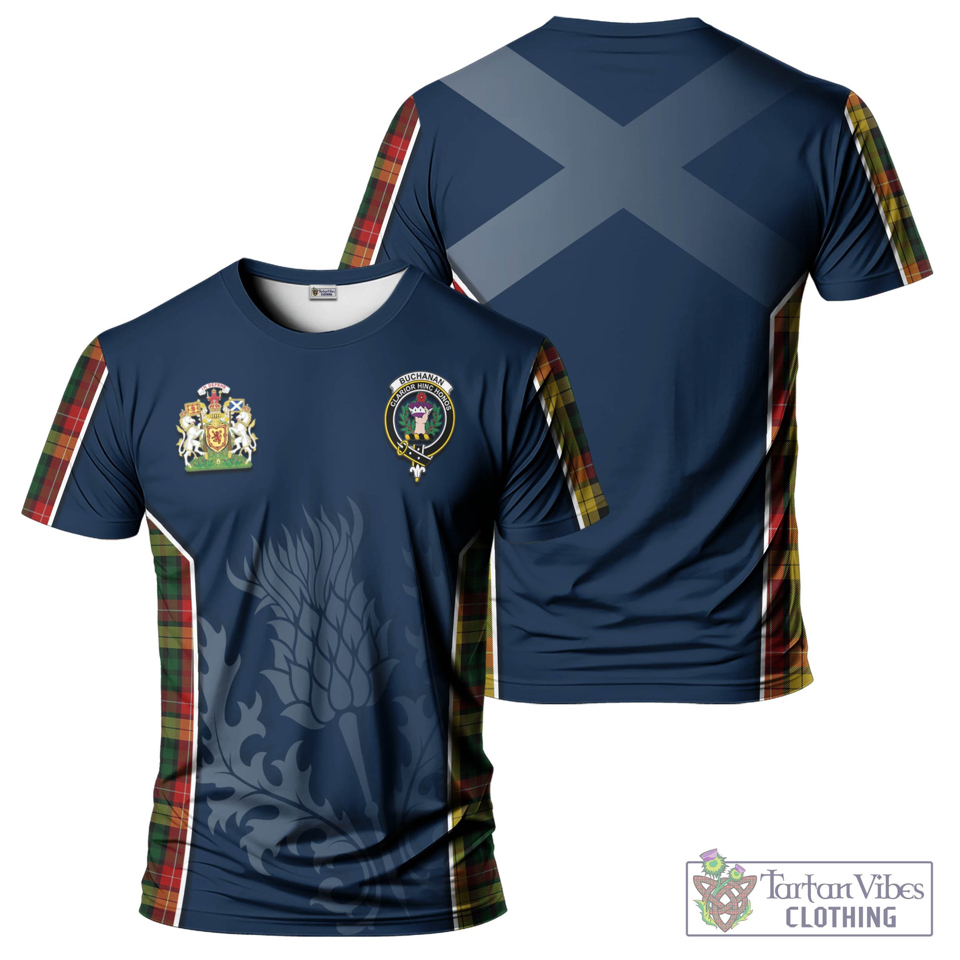 Tartan Vibes Clothing Buchanan Tartan T-Shirt with Family Crest and Scottish Thistle Vibes Sport Style