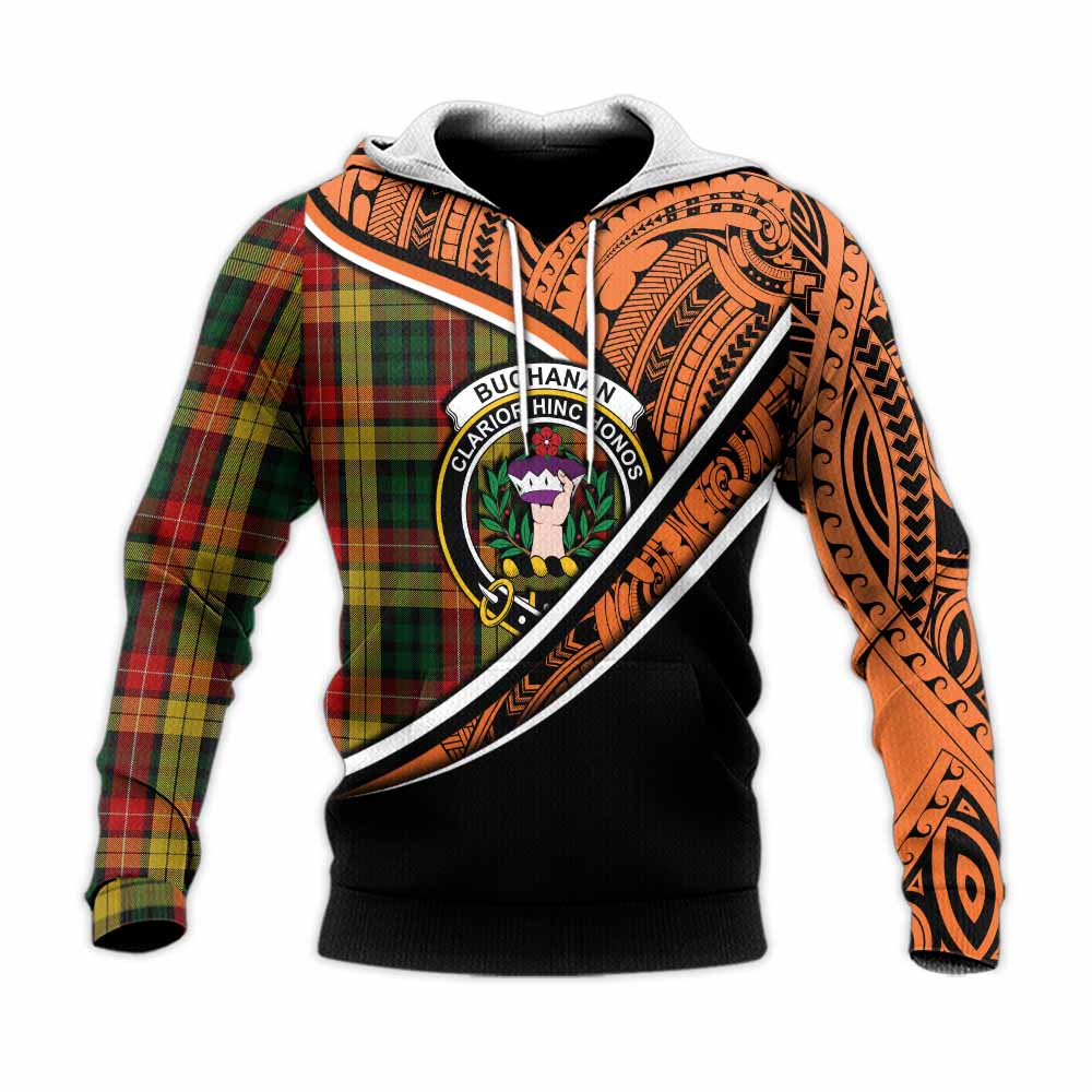 Tartan Vibes Clothing Buchanan Crest Tartan Knitted Hoodie with Maori Tattoo Style - Orange Version