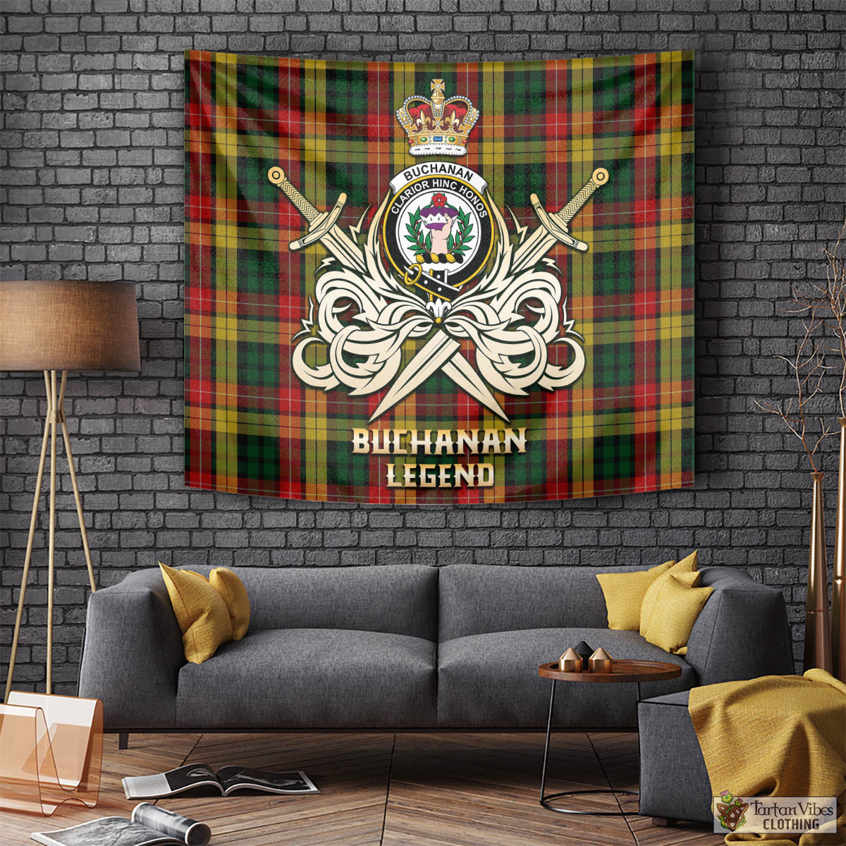 Tartan Vibes Clothing Buchanan Tartan Tapestry with Clan Crest and the Golden Sword of Courageous Legacy