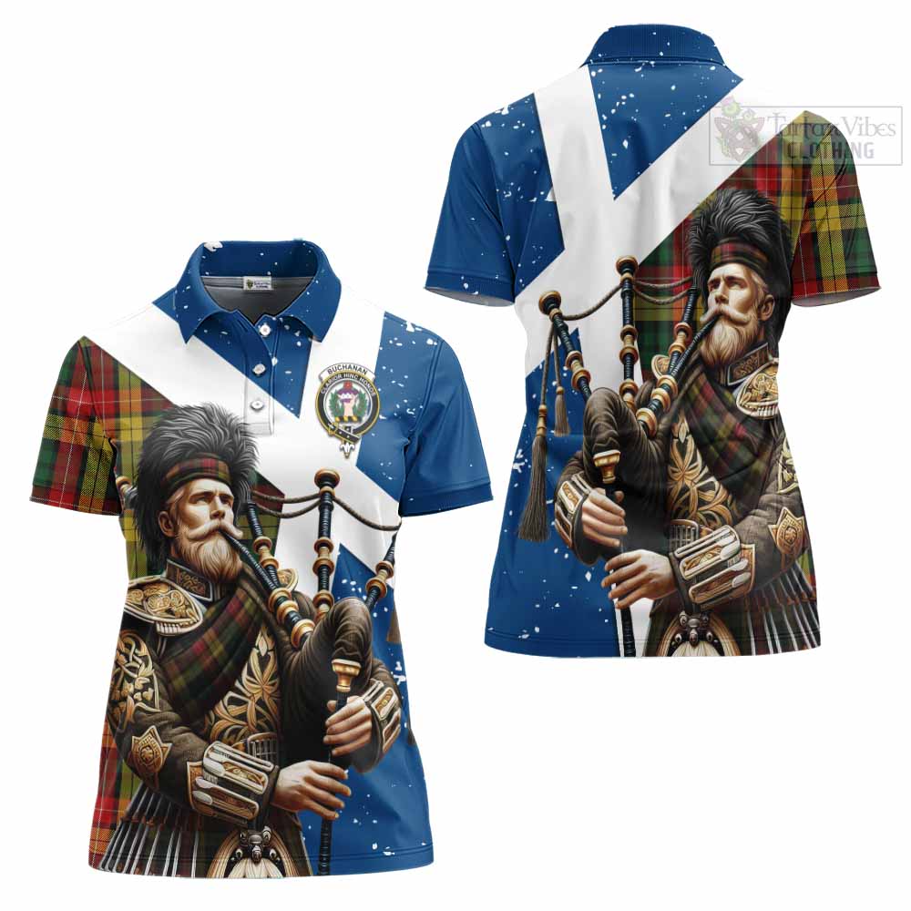 Tartan Vibes Clothing Buchanan Tartan Women's Polo Shirt with Family Crest Scottish Bagpiper Vibes