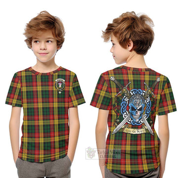 Buchanan Tartan Kid T-Shirt with Family Crest Celtic Skull Style