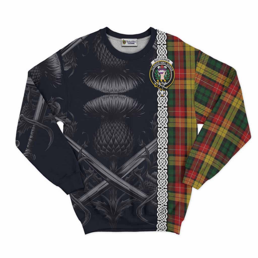 Tartan Vibes Clothing Buchanan Tartan Sweatshirt with Family Crest Cross Sword Thistle Celtic Vibes