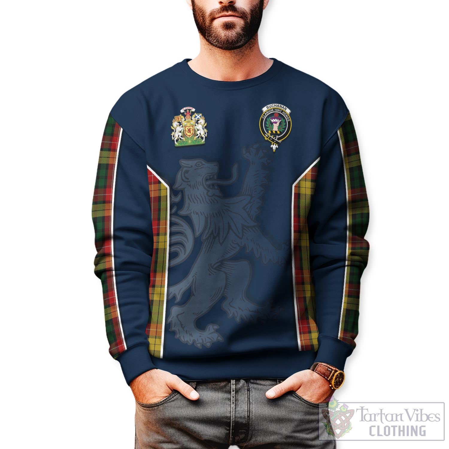 Tartan Vibes Clothing Buchanan Tartan Sweater with Family Crest and Lion Rampant Vibes Sport Style