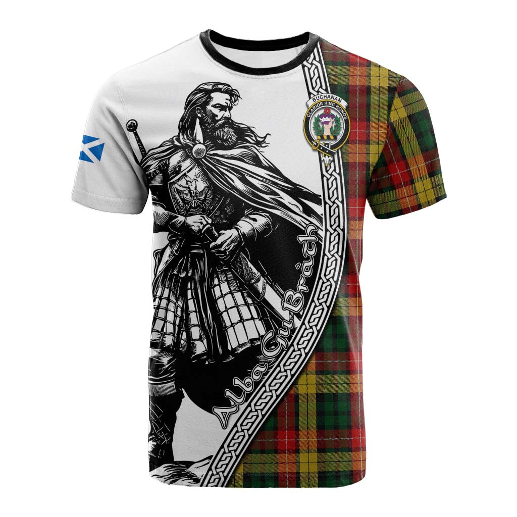 Buchanan Tartan Clan Crest Cotton T-shirt with Highlander Warrior Celtic Style