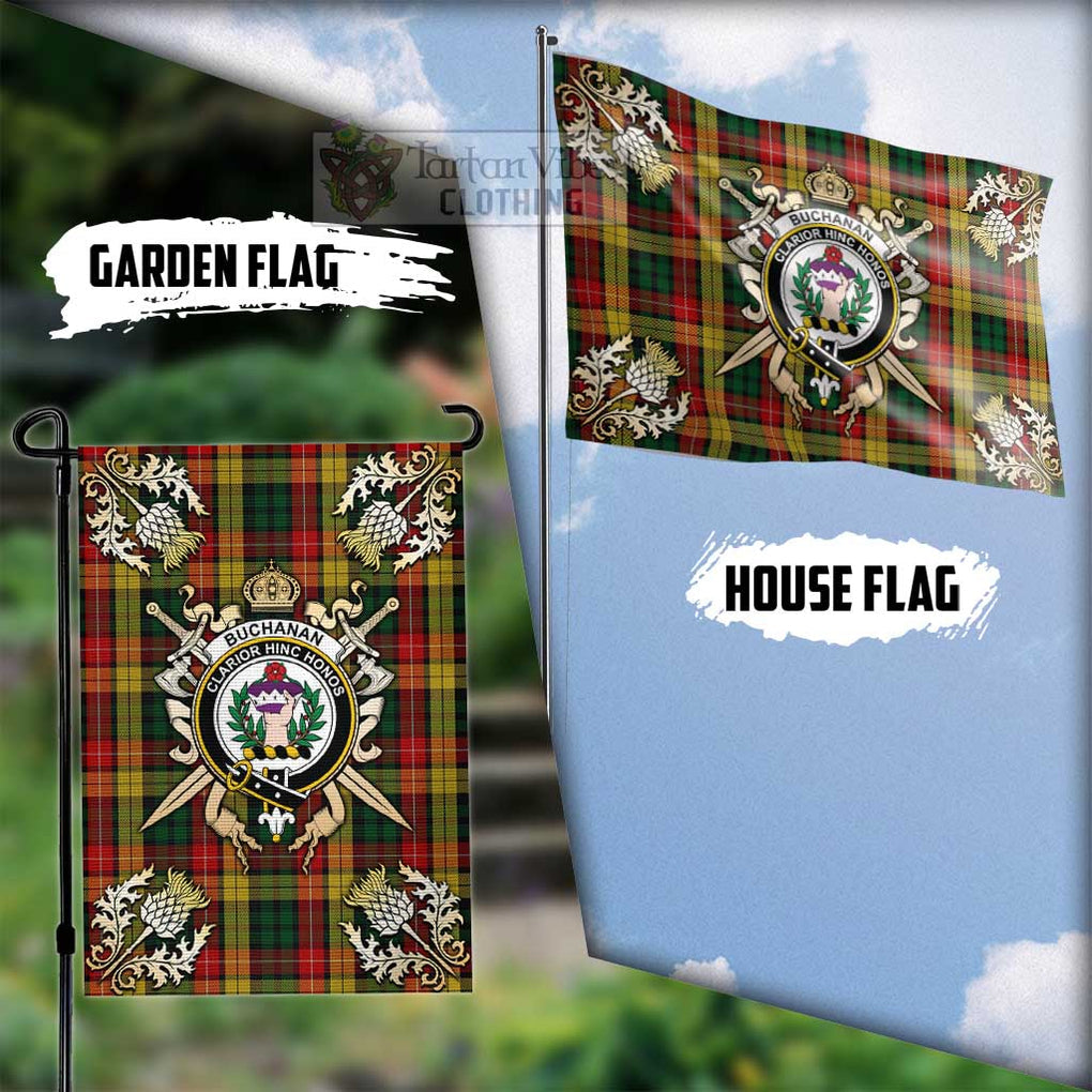 Tartan Vibes Clothing Buchanan Tartan Flag with Family Crest and Golden Thistle Crossed Sword Design