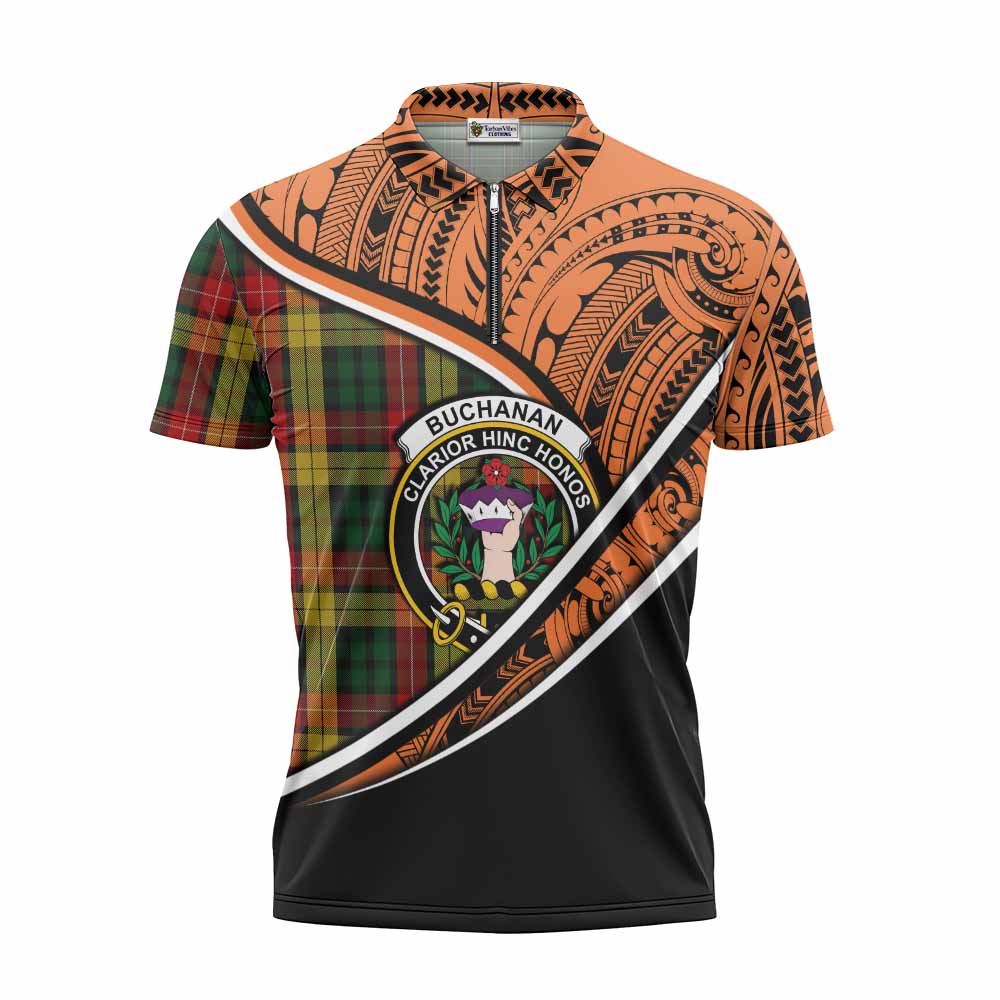 Tartan Vibes Clothing Buchanan Crest Tartan Zipper Polo Shirt with Maori Tattoo Style - Orange Version