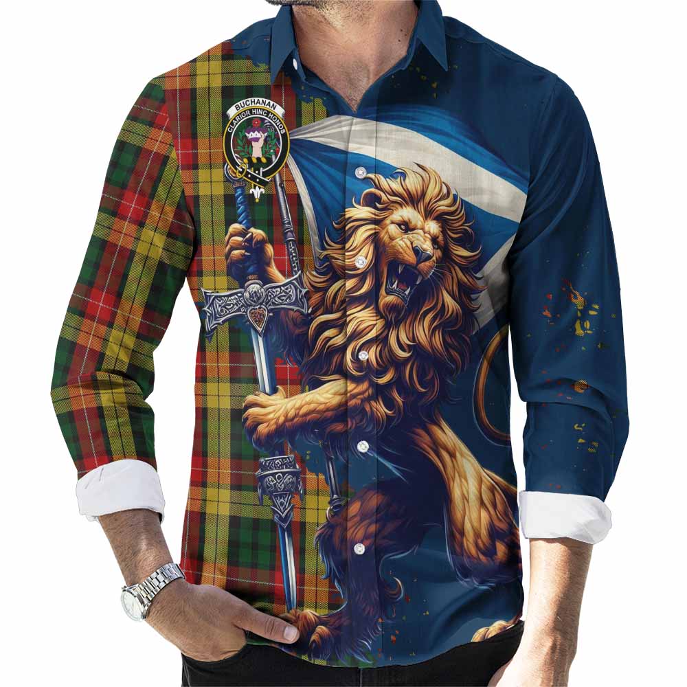 Tartan Vibes Clothing Buchanan Tartan Family Crest Long Sleeve Button Shirt with Scottish Majestic Lion