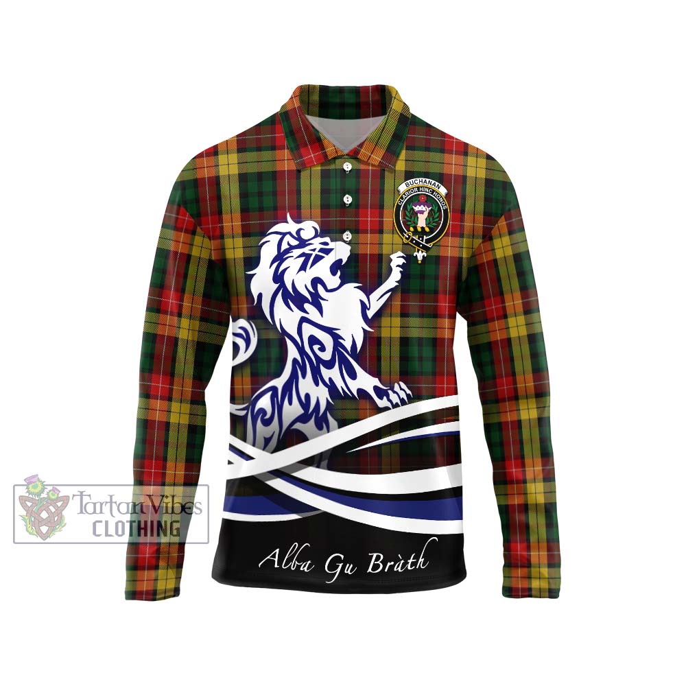 Buchanan Tartan Long Sleeve Polo Shirt with Alba Gu Brath Regal Lion Emblem Unisex - Tartanvibesclothing Shop