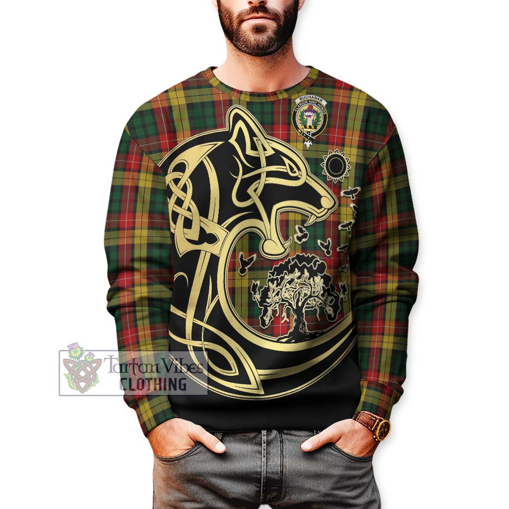 Buchanan Tartan Sweatshirt with Family Crest Celtic Wolf Style Unisex - Tartan Vibes Clothing