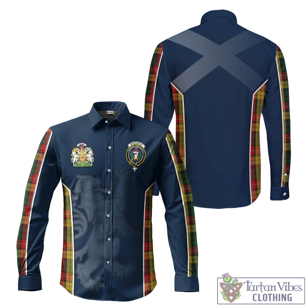 Tartan Vibes Clothing Buchanan Tartan Long Sleeve Button Up Shirt with Family Crest and Lion Rampant Vibes Sport Style