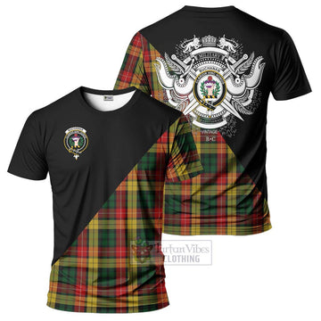 Buchanan Tartan T-Shirt with Family Crest and Military Logo Style