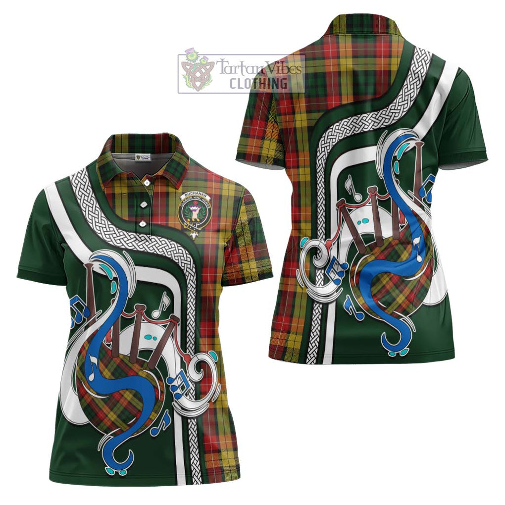 Buchanan Tartan Women's Polo Shirt with Epic Bagpipe Style Women - Tartanvibesclothing Shop