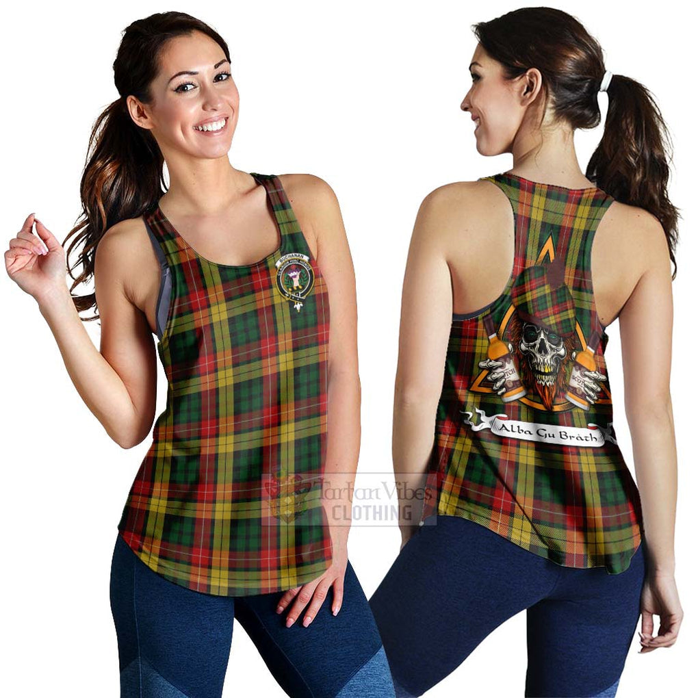 Tartan Vibes Clothing Buchanan Tartan Women's Racerback Tanks with Family Crest and Bearded Skull Holding Bottles of Whiskey