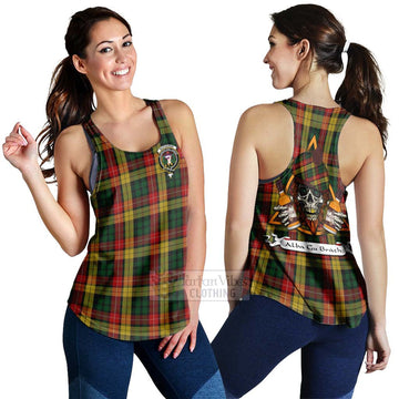 Buchanan Tartan Women's Racerback Tanks with Family Crest and Bearded Skull Holding Bottles of Whiskey