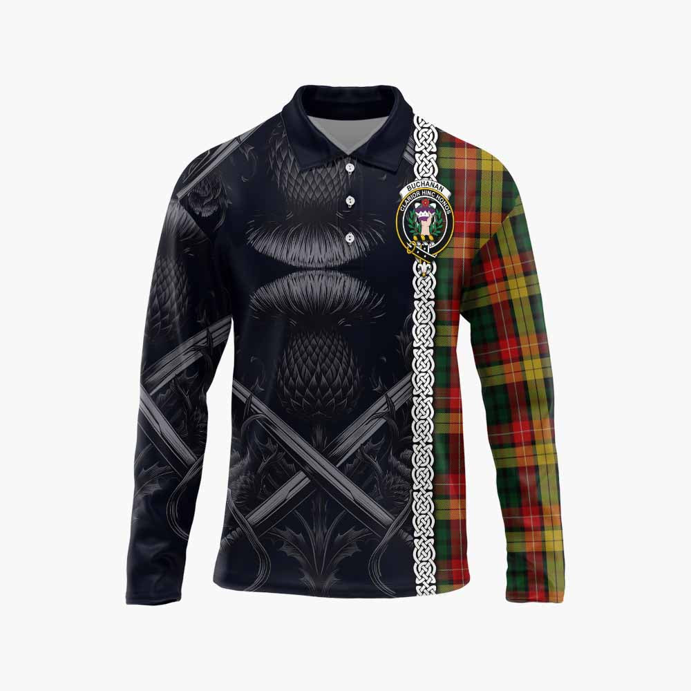 Buchanan Tartan Long Sleeve Polo Shirt with Family Crest Cross Sword Thistle Celtic Vibes Unisex - Tartan Vibes Clothing