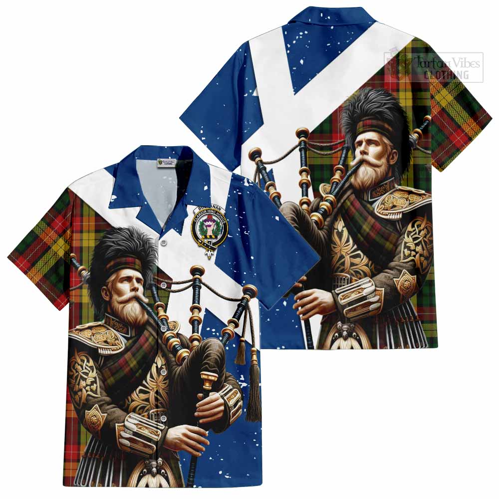 Tartan Vibes Clothing Buchanan Tartan Short Sleeve Button Shirt with Family Crest Scottish Bagpiper Vibes