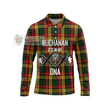 Buchanan Tartan Long Sleeve Polo Shirt with Family Crest DNA In Me Style