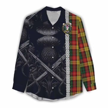 Buchanan Tartan Women's Casual Shirt with Family Crest Cross Sword Thistle Celtic Vibes