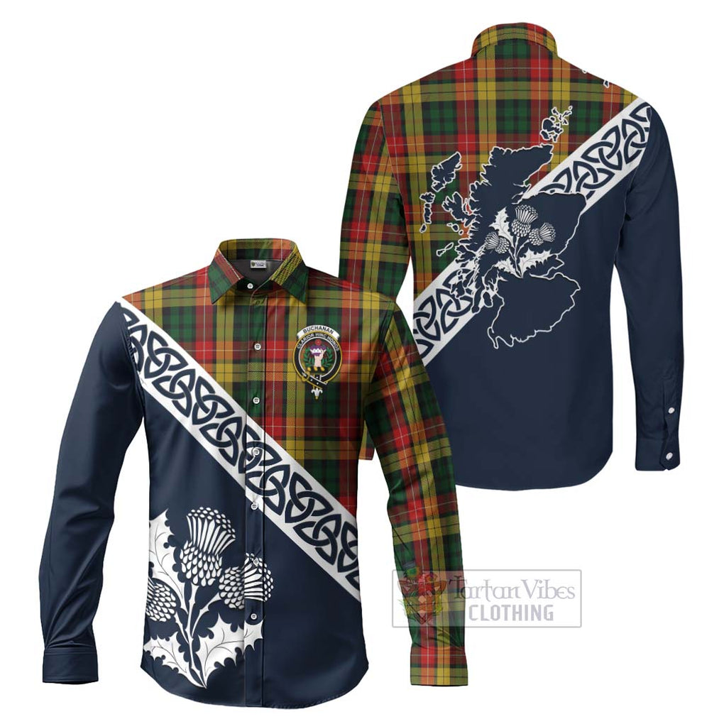 Tartan Vibes Clothing Buchanan Tartan Long Sleeve Button Shirt Featuring Thistle and Scotland Map