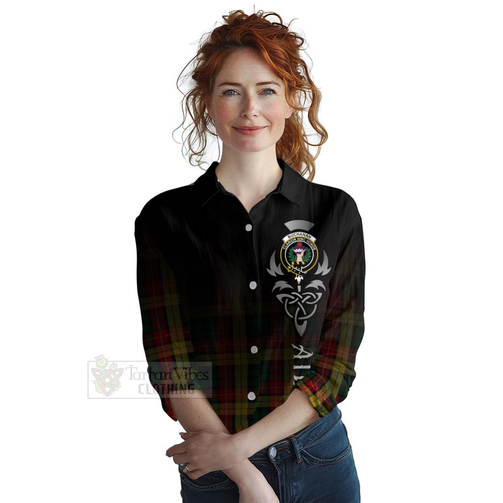 Tartan Vibes Clothing Buchanan Tartan Women's Casual Shirt Featuring Alba Gu Brath Family Crest Celtic Inspired