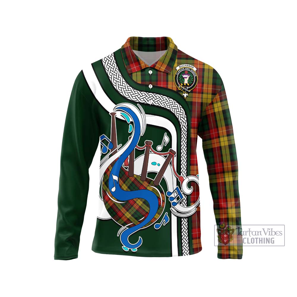 Tartan Vibes Clothing Buchanan Tartan Long Sleeve Polo Shirt with Epic Bagpipe Style