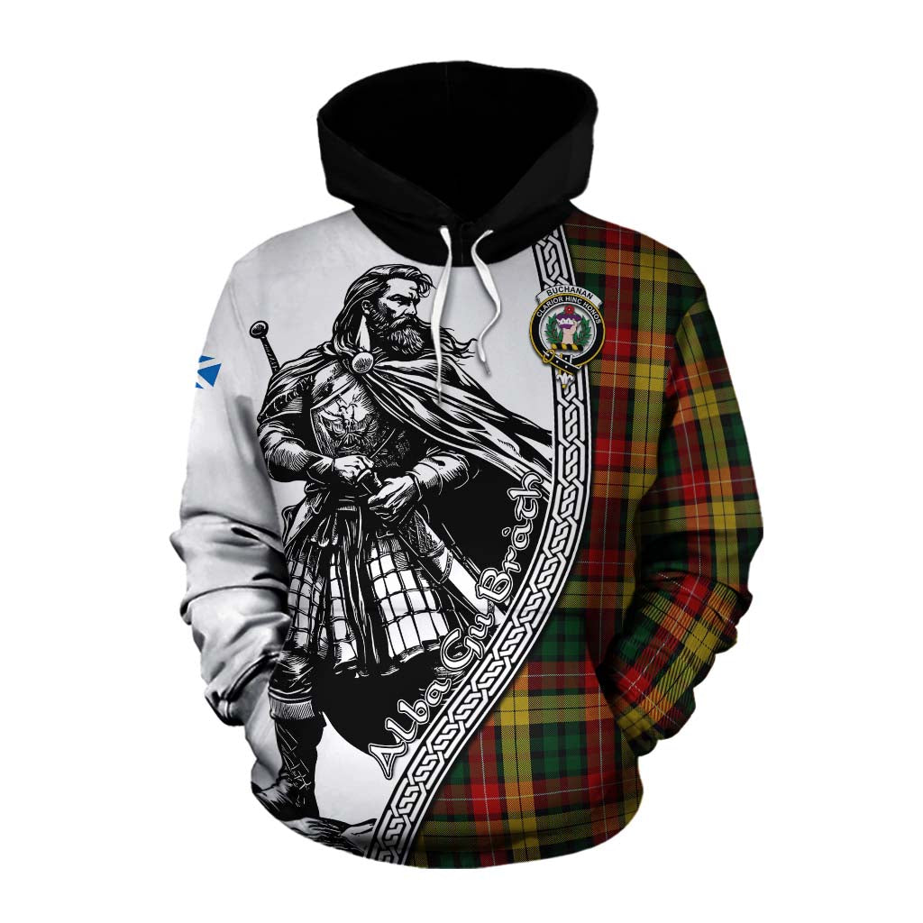 Tartan Vibes Clothing Buchanan Tartan Clan Crest Cotton Hoodie with Highlander Warrior Celtic Style