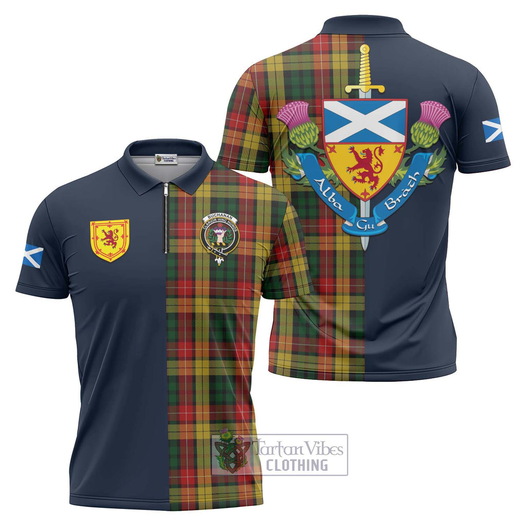 Tartan Vibes Clothing Buchanan Tartan Zipper Polo Shirt with Scottish Lion Royal Arm Half Style