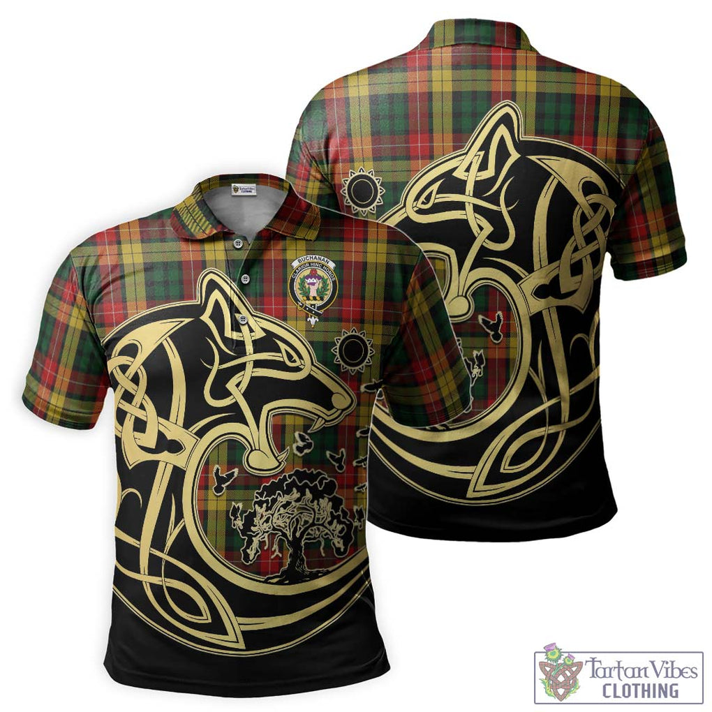 Buchanan Tartan Polo Shirt with Family Crest Celtic Wolf Style Kid - Tartanvibesclothing Shop