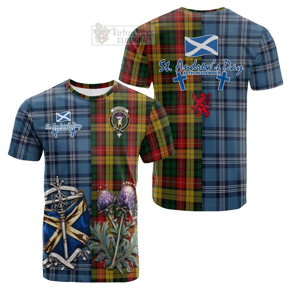 Tartan Vibes Clothing Buchanan Tartan Cotton T-shirt Happy St. Andrew's Day Half Tartan Style