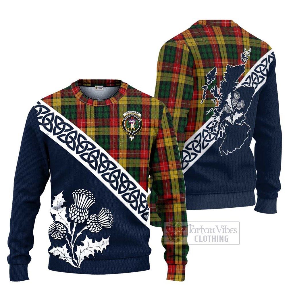 Tartan Vibes Clothing Buchanan Tartan Knitted Sweater Featuring Thistle and Scotland Map