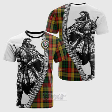 Buchanan Tartan Clan Crest Cotton T-shirt with Highlander Warrior Celtic Style