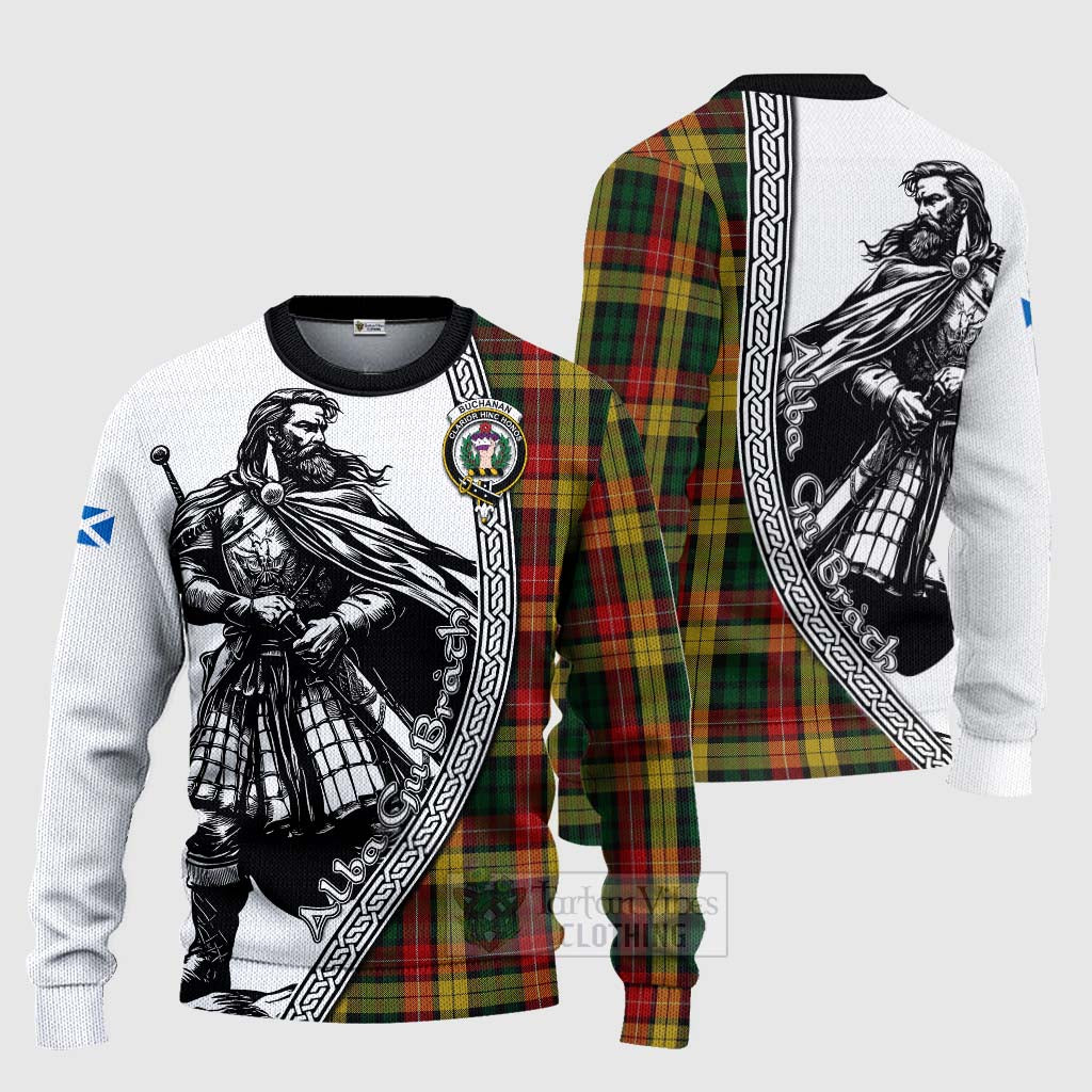 Tartan Vibes Clothing Buchanan Tartan Clan Crest Knitted Sweater with Highlander Warrior Celtic Style