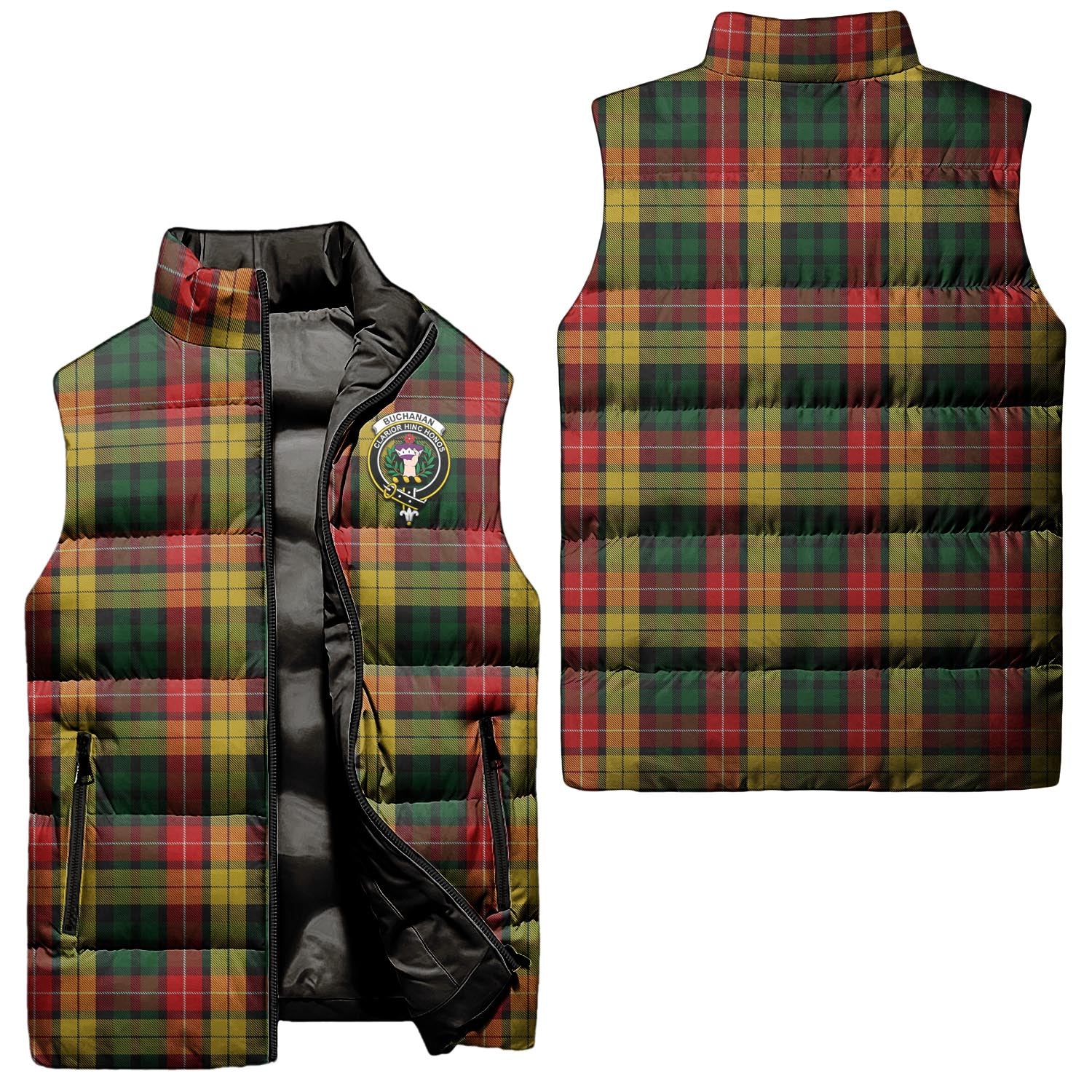 Buchanan Tartan Sleeveless Puffer Jacket with Family Crest Unisex - Tartanvibesclothing