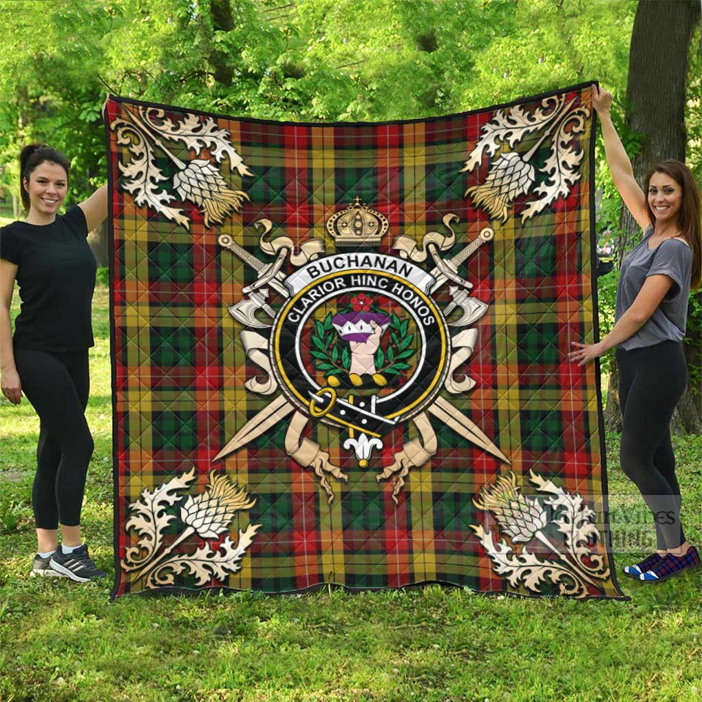 Tartan Vibes Clothing Buchanan Tartan Quilt with Family Crest and Scottish Golden Courage Shield