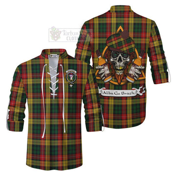 Buchanan Tartan Ghillie Kilt Shirt with Family Crest and Bearded Skull Holding Bottles of Whiskey