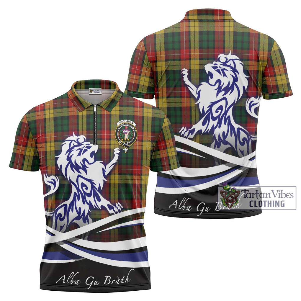 Buchanan Tartan Zipper Polo Shirt with Alba Gu Brath Regal Lion Emblem Unisex - Tartanvibesclothing Shop