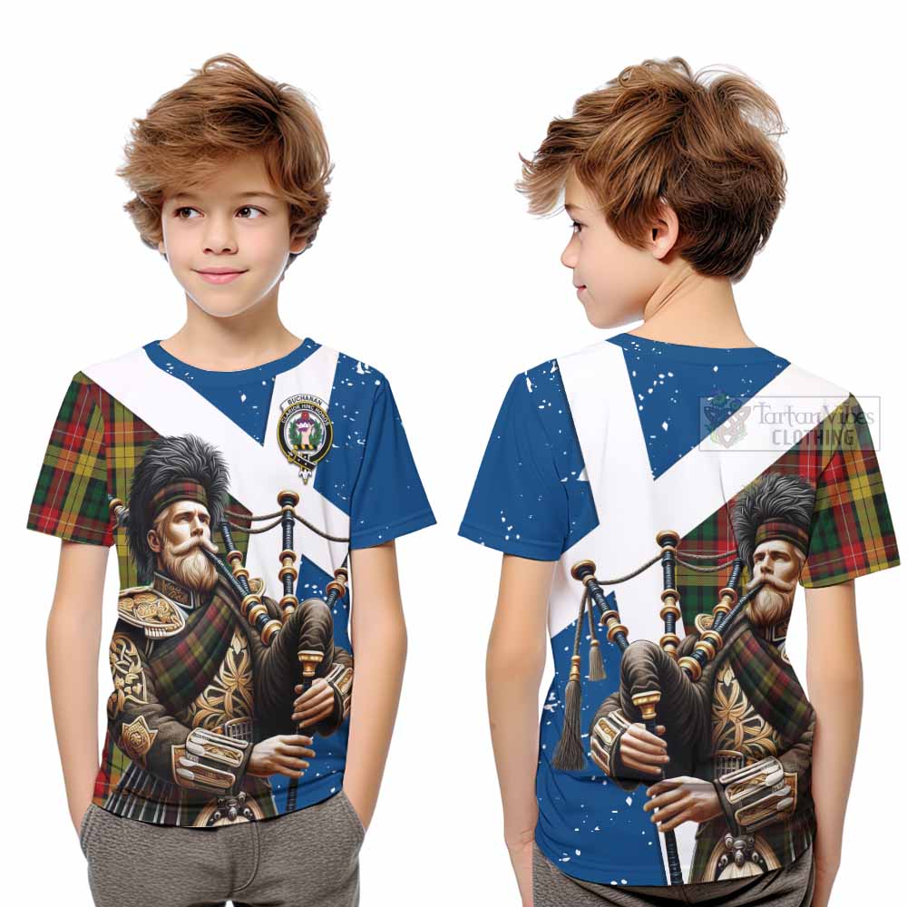 Tartan Vibes Clothing Buchanan Tartan Kid T-Shirt with Family Crest Scottish Bagpiper Vibes