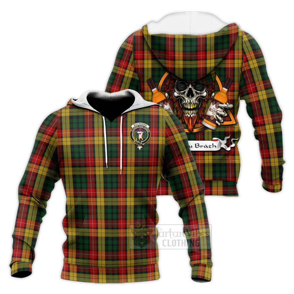 Tartan Vibes Clothing Buchanan Tartan Knitted Hoodie with Family Crest and Bearded Skull Holding Bottles of Whiskey