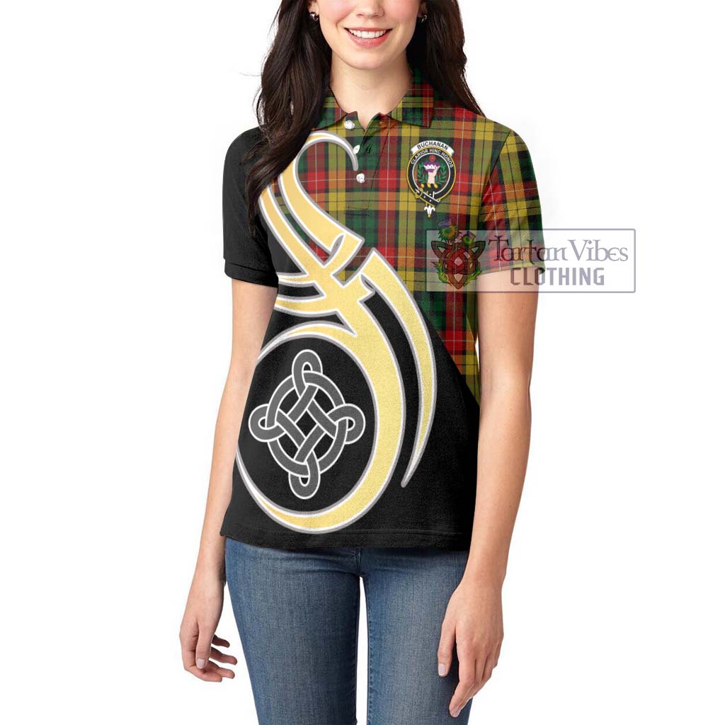 Buchanan Tartan Women's Polo Shirt with Family Crest and Celtic Symbol Style Women - Tartan Vibes Clothing