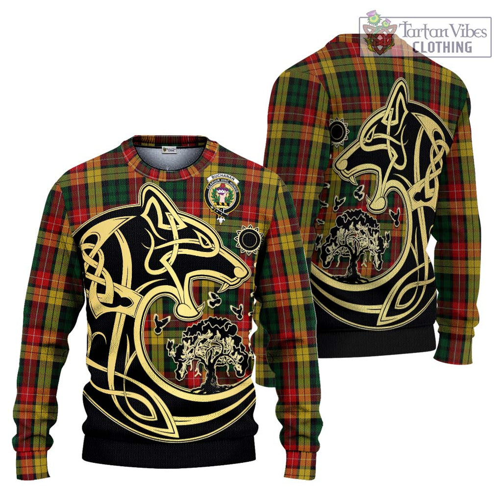 Buchanan Tartan Knitted Sweater with Family Crest Celtic Wolf Style Unisex - Tartan Vibes Clothing