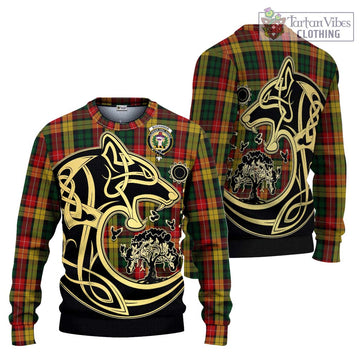 Buchanan Tartan Ugly Sweater with Family Crest Celtic Wolf Style