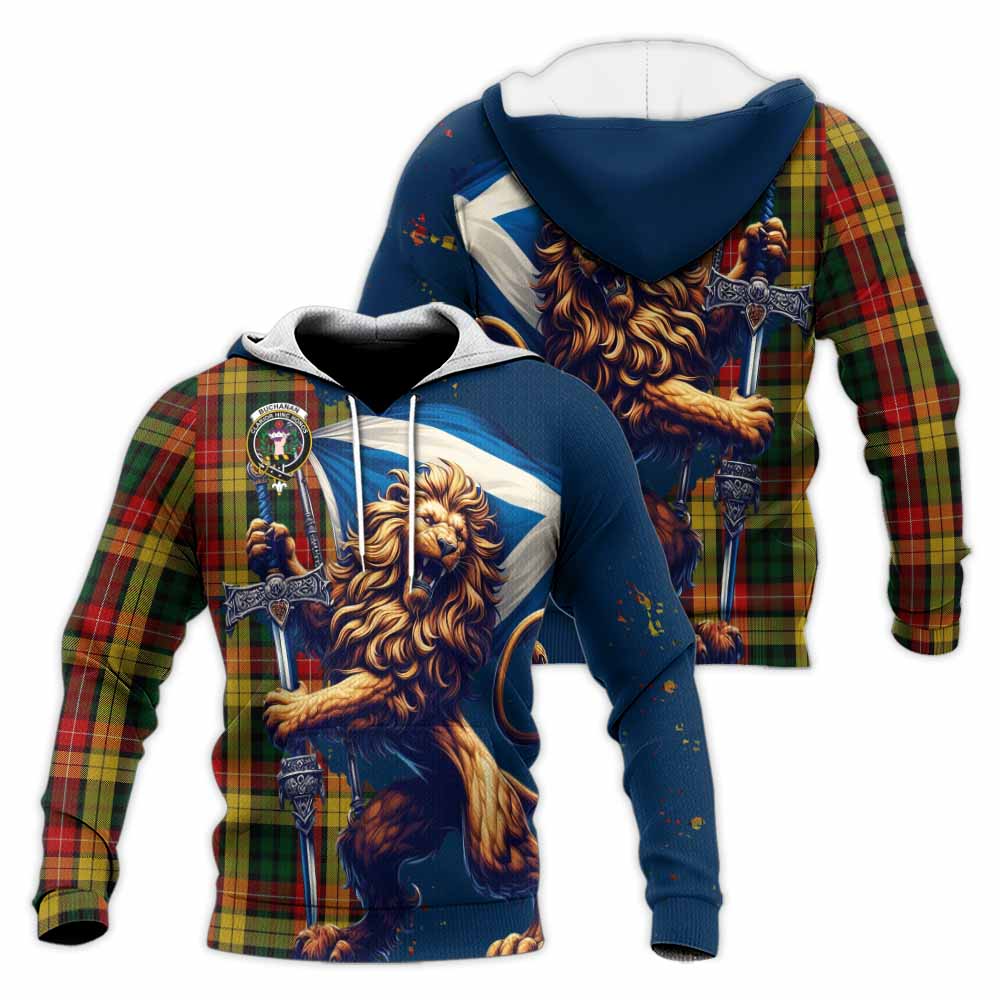 Tartan Vibes Clothing Buchanan Tartan Family Crest Knitted Hoodie with Scottish Majestic Lion