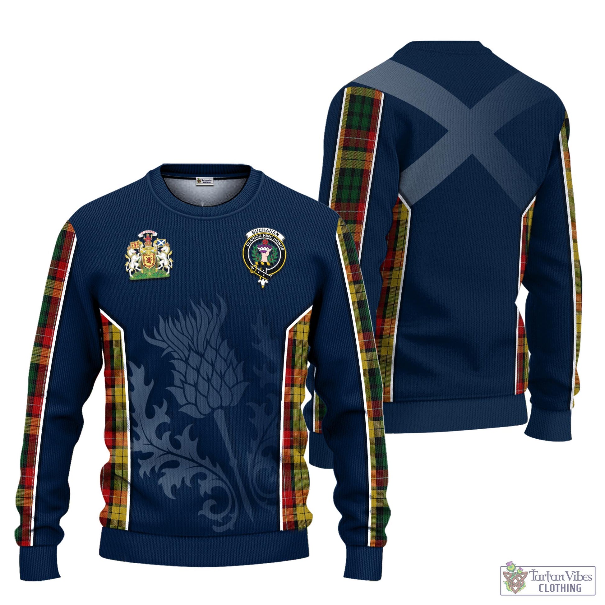 Tartan Vibes Clothing Buchanan Tartan Knitted Sweatshirt with Family Crest and Scottish Thistle Vibes Sport Style